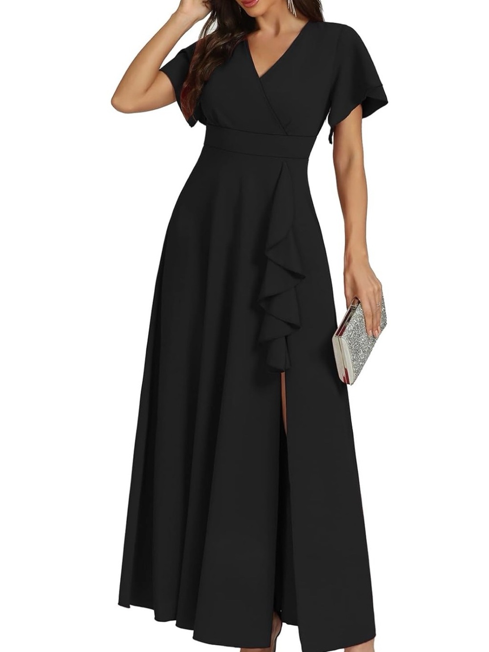 Elegant Black V-Neck Ruffle Maxi Dress